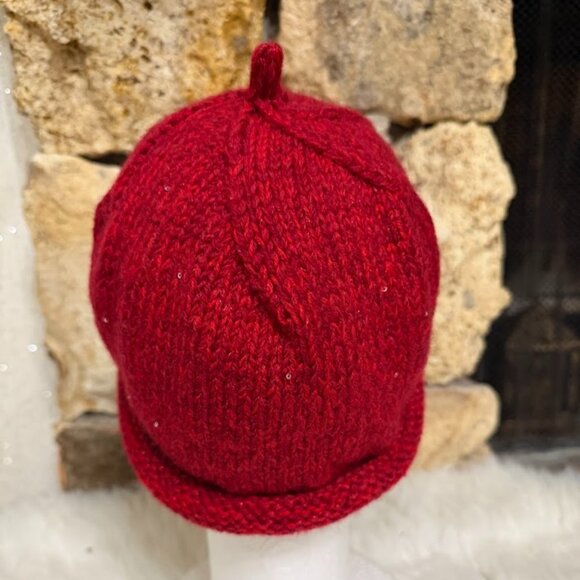 Handmade Red Knit Wool Blend Beanie With Rolled Brim main image 8